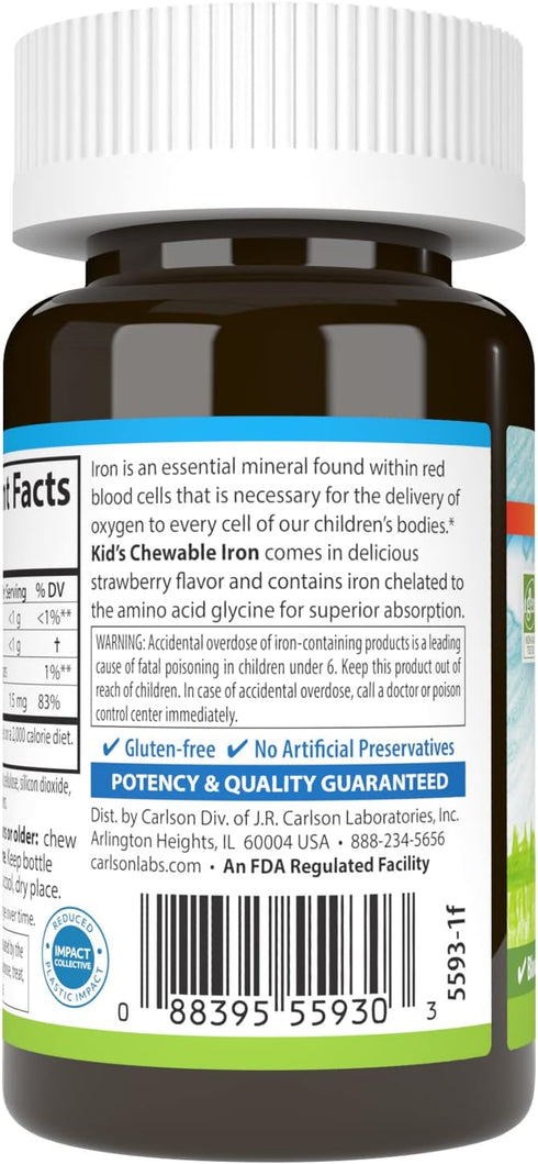 Carlson Kid's Chewable Iron 15 mg | 30 Tablets | Superior Absorption for Blood Health, Energy Production & Optimal