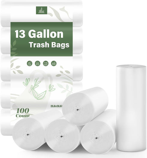 Jaoul Garbage Bags, 13 Gallon Tall Kitchen, Extra Strong, 0.97 Mil Thicken, Unscented (White, 100 Counts)