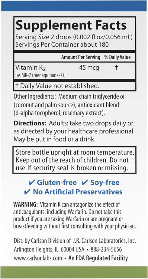 Carlson Super Daily K2 Liquid Vitamin K, 45 mcg for Bone Health, Unflavored, 360 Drops (10.16 mL)