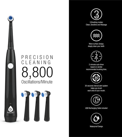 Pursonic Rotary Toothbrush, USB Rechargeable Electric Toothbrush with 3 Brush Heads and 8,800 Oscillations/Minute