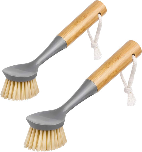 MR.SIGA Dish Brush with Bamboo Handle Built-in Scraper, Scrub Brush for Pans,