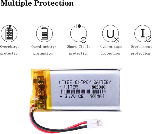 Liter 3.7V 700mAh 802040 Lipo Battery Rechargeable Lithium Polymer with JST 2.0mm Connector