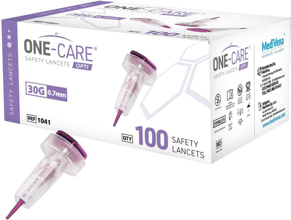 MediVena ONE-CARE Safety Lancets, 30G x 1.5mm, Gentle Pre-Loaded Finger Self Prick Device for Diabetes Testing, 100/Box