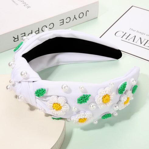 NVENF Flower Headbands for Women Beaded Pink Floral Headbands Rhienstone Crystal Knotted Headband Spring Summer Headbands Hair Accessories Beach Outfits Gifts (Beaded Flower C)