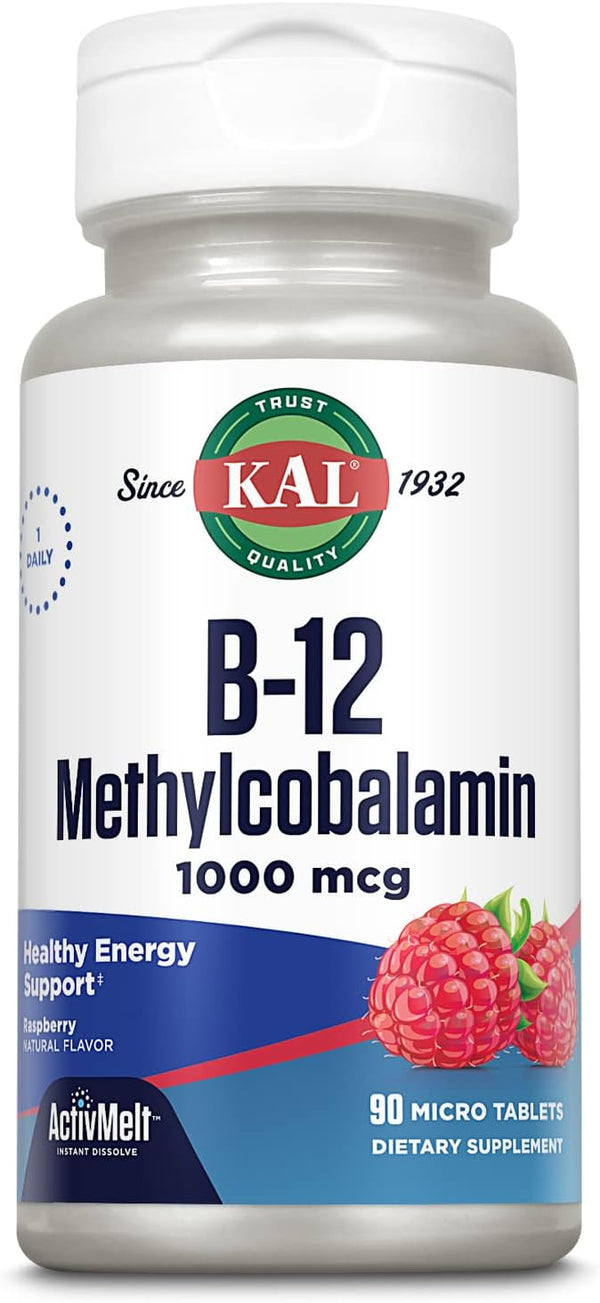 KAL Vitamin B12 Methylcobalamin 1000mcg, 90 Servings, Fast Dissolve ActivMelt, Natural Raspberry Flavor, Healthy