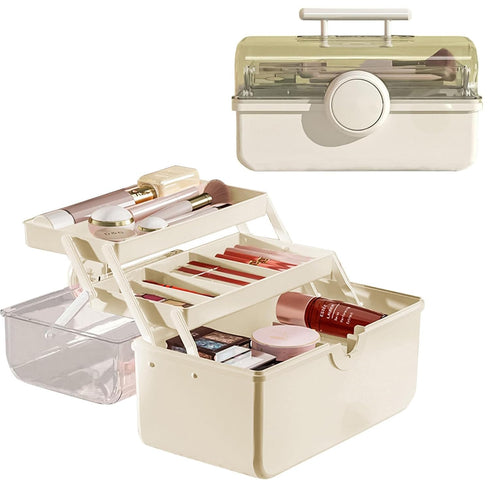 Large Capacity Makeup Storage Organizer with Transparent Visual Cover, 3 Layers Portable Cosmetic Storage Box