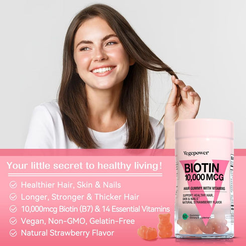 Biotin 10000mcg Hair Growth Gummies - Vegan Supplement for Healthy Hair, Skin, Nails