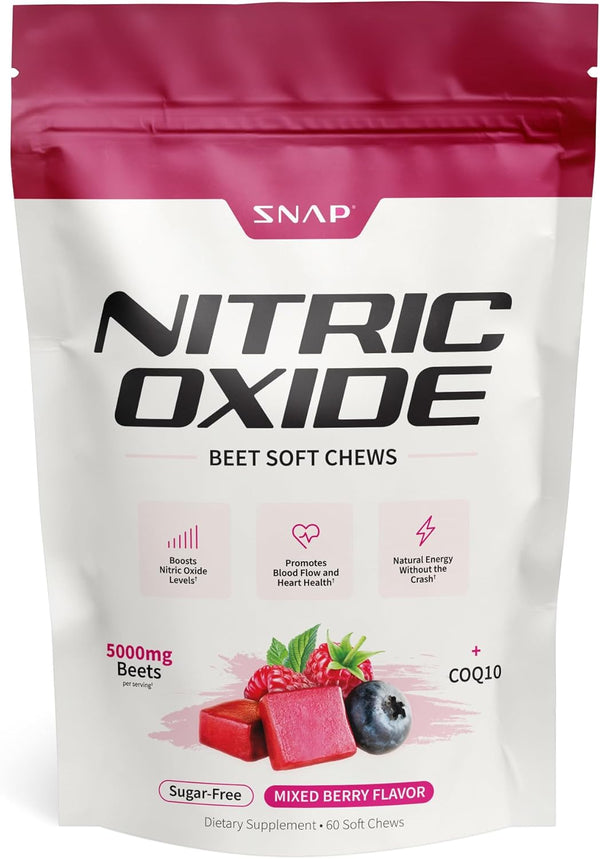 Snap Supplements Nitric Oxide Beet Chews, 60 Soft Chews, Natural Energy, Sugar-Free