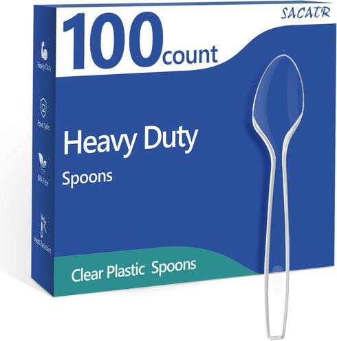 100 Count Heavy Clear Plastic Spoons - Premium Disposable Silverware - BPA-Free, Heat Resistant for Parties