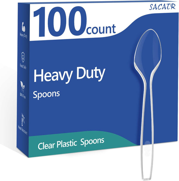 100 Count Heavy Clear Plastic Spoons - Premium Disposable Silverware - BPA-Free, Heat Resistant for Parties