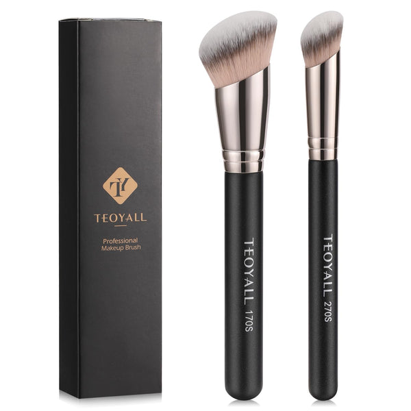 TEOYALL 2PCS Foundation Contour Brush Set, Angled Synthetic Kabuki Brush for Blending, Setting, Concealing with Liquid,
