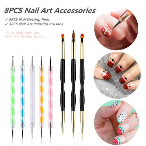 5PCS Dotting Pens with 3 PCS Nail Painting Brushes, Double Ended Brush and Dotting Tool Kit