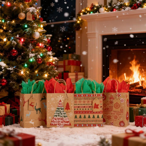 Kiddokids 48 7" 8.65" 3.15", 48 Packaging, Christmas Gift Bags x x Kraft Holiday Wrapping with Tissue Papers, Gift Tags