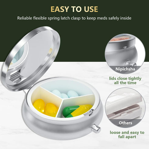 Nipichsha Pill Box, Small Pill Case for Purse & Pocket, Cute Travel Medicine Organizer, Portable Medicine Container