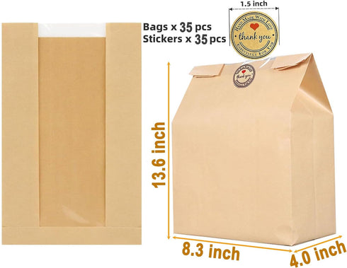35PCS Large Paper Bread Bags, Sourdough Bread Paper Bags for Homemade Bread, Kraft Paper Bakery Bags with Window and