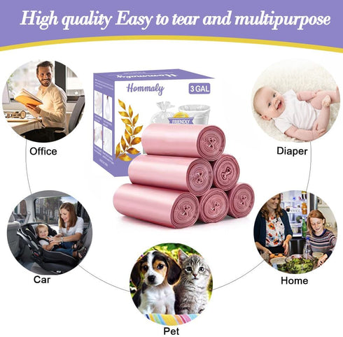 3 Gallon 180pcs Small Pink Trash Bags, Fit 2.6-3.2 Gal, Bathroom Trash Can Bin Liners