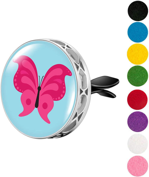 Wild Essentials Pink Butterfly Essential Oil Car Vent Diffuser with 8 Color Refill Pads, Stainless Steel Locket