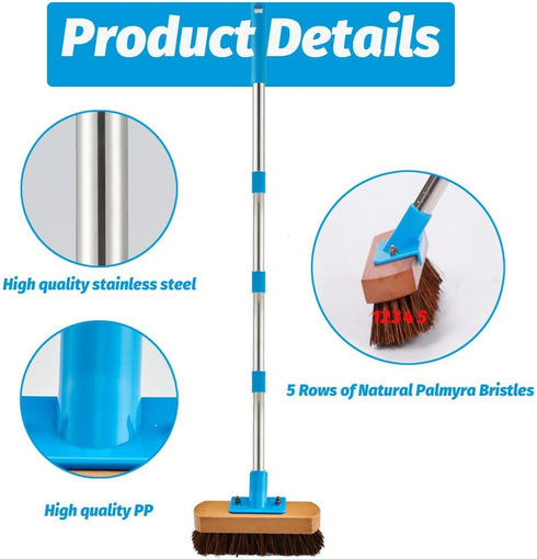 Heavy Duty Deck Brush with Long Handle, 60" Floor Scrub Brush with Stiff Natural Bristles for Outdoor Cleaning