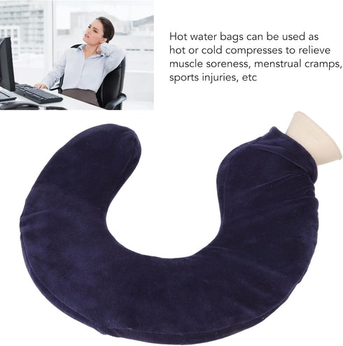 Jauarta U Shaped Hot Water Bottle Warm Neck Soft Rubber Hot Water Bag with Detachable Cloth Cover (Navy Blue)