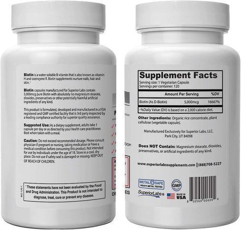 Superior Labs – Best Natural Biotin NonGMO Supplement – for Luscious Longer Hair and Lashes – Stronger Nails – Healthy Skin – Energy Booster – Healthy Weight - 5000 mcg, 120 Vegetable Caps