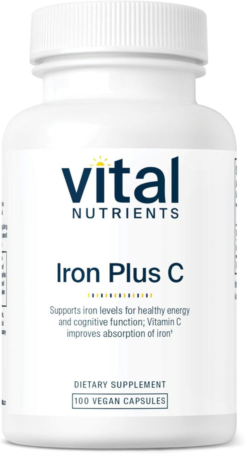 Vital Nutrients Iron Plus C | 100 Capsules Vegan Iron Supplement with 20mg Iron & 200mg Vitamin C for Energy Levels
