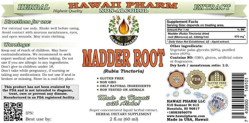 Hawaii Pharm Madder Root Alcohol-FREE Liquid Extract, Madder Root (Rubia Tinctoria) Dried Root Glycerite Natural Herbal Supplement, USA 2 oz