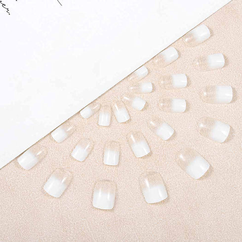 Press on Nails White Ombre Fake Nails, Short Square Glossy Acrylic Full Cover, 24Pcs