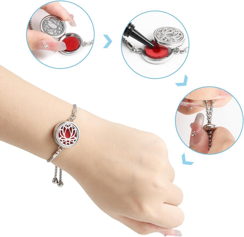 YWLI 10 Essential Oil Diffuser Bracelet Aromatherapy Locket Adjustable Stainless Steel Lotus Bracelet with Pcs Refill