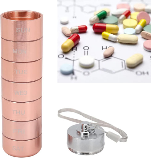 Metal Pill Organizer, Stackable Metal Weekly Travel Medicine Organizer, Portable Waterproof Aluminum Alloy Tablets Box with Lanyard Rose Gold for Vitamin, Fish Oil & Supplement