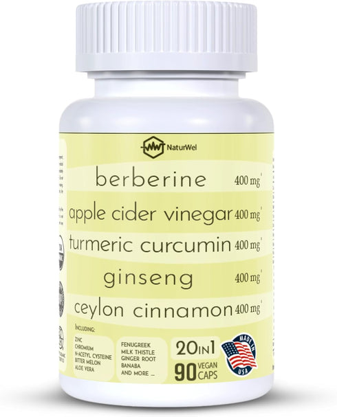 Ceylon Cinnamon Ginseng Berberine Turmeric Apple Cider Vinegar Chromium Zinc N-Acetyl Cysteine 20 in 1, 90 Capsules
