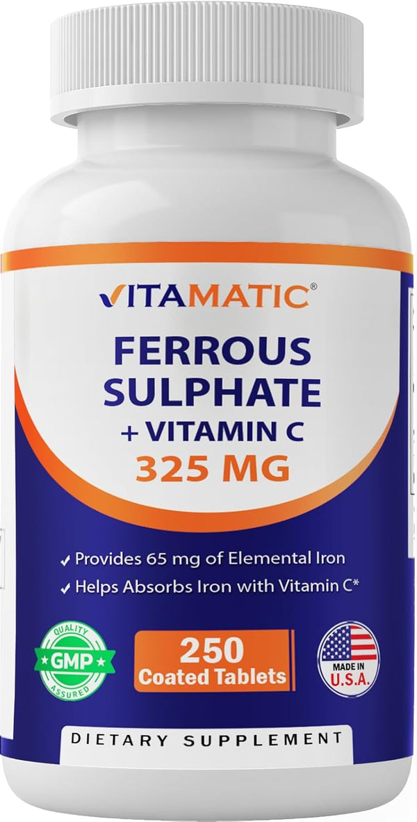 Vitamatic Ferrous Sulphate 325 mg + Vitamin C 100 mg - 250 Coated Tablets High Potency Iron Supplement Made in USA