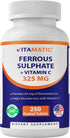 Vitamatic Ferrous Sulphate 325 mg + Vitamin C 100 mg - 250 Coated Tablets High Potency Iron Supplement Made in USA