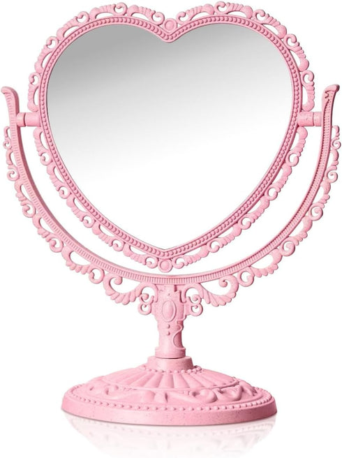 Pink Heart Vanity Mirror, 360 Degree Swivel Makeup Mirror, Double Sided Table Desk Countertop Mirror for Women and Girls