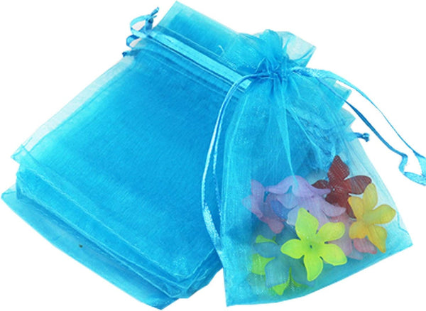 50 Pcs 4x6 Aqua Blue Gifts Wrap Bags, Organza Sheer Fabric Drawstring Mesh Bags for Baby Shower Favor