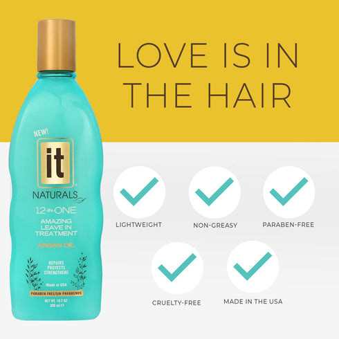 IT Naturals Argan Oil 12-In-One Leave In Treatment 10.2oz | Repairs, Protects & Strengthens Hair | Moisturizing &
