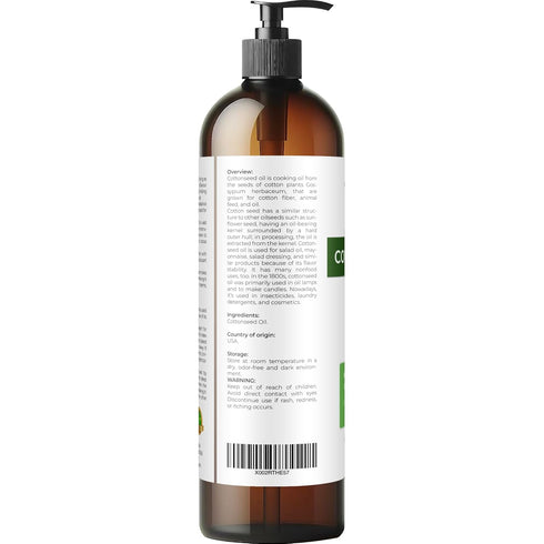 velona Cotton Seed Oil 8 fl oz, 100% Pure Natural Carrier Oil, Refined Cold Pressed for Cooking and Skin