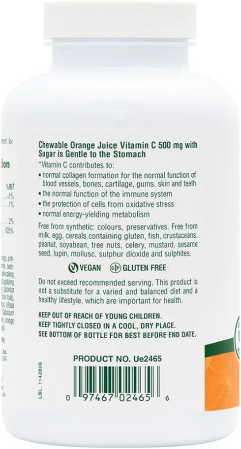 Natures Plus Orange Juice Chewable Vitamin C - 500 mg, 90 Tablets - Immune & Vascular Health Support Supplement