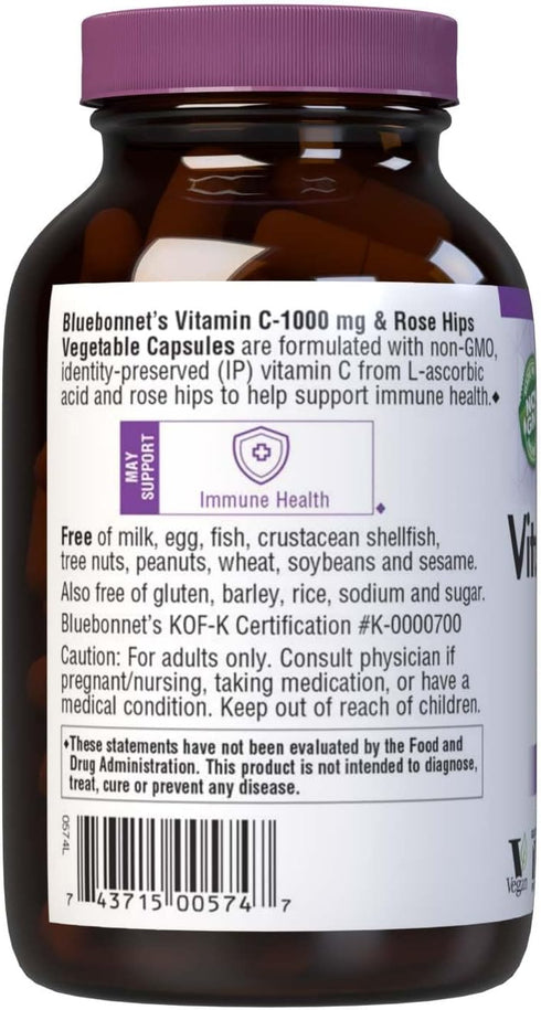 Bluebonnet Nutrition Vitamin C-1000 mg Plus Rose Hips Vegetable Capsules for Immune Health, 90 Count