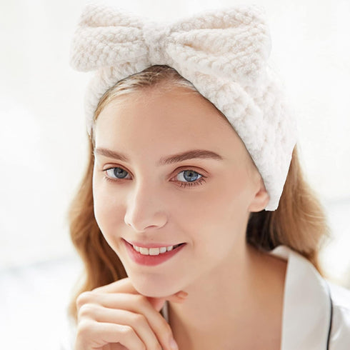 YISSION 2PCS Spa Headband with Bow, No Slip Elastic Hair Band for Face Wash, Makeup Skincare for Women Girls (White