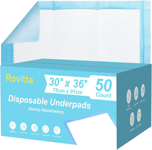 Rovitta 50 Count 30 x 36 Disposable Underpads, Incontinence Chux Pads, Heavy Absorbency
