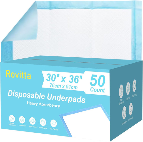 Rovitta 50 Count 30 x 36 Disposable Underpads, Incontinence Chux Pads, Heavy Absorbency