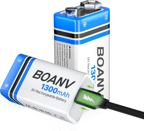 2PCS 1300mAh 9V Rechargeable Batteries with 2 in 1 Charging Cable for Smoke Detectors, Alarms, Keypad, Microphone
