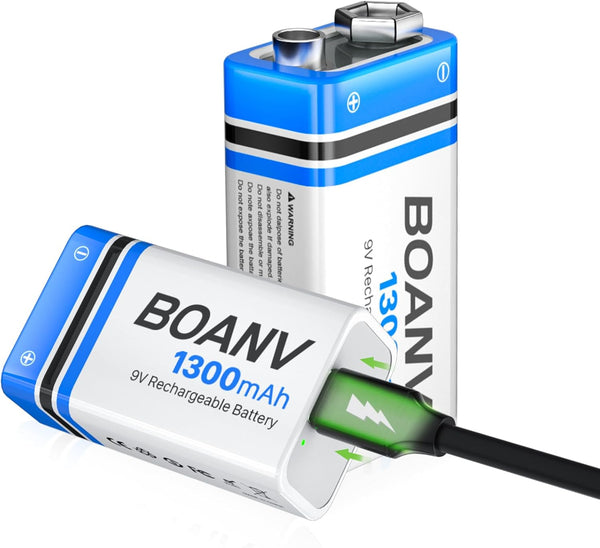 2PCS 1300mAh 9V Rechargeable Batteries with 2 in 1 Charging Cable for Smoke Detectors, Alarms, Keypad, Microphone
