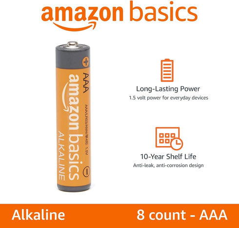 Amazon Basics AAA Alkaline High-Performance Batteries, 1.5 Volt, 10-Year Shelf Life, 8 count