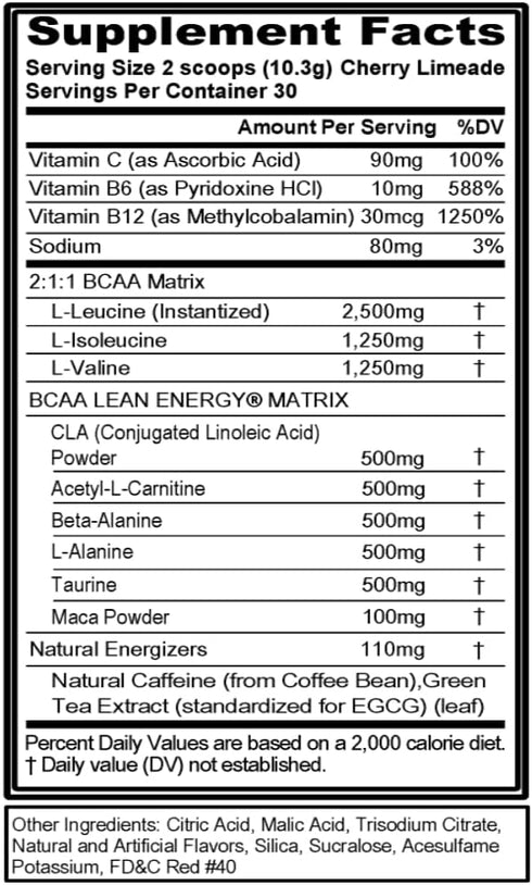 EVL BCAA Lean Energy Powder, Pre Workout Green Tea Fat Burner, Cherry Limeade
