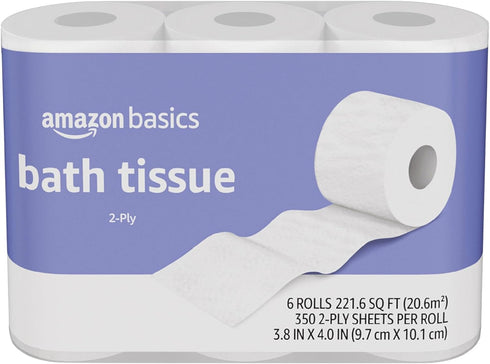 Amazon Basics 2-Ply Toilet Paper, 6 Rolls = 24 Regular Rolls, 350 Sheets, Unscented