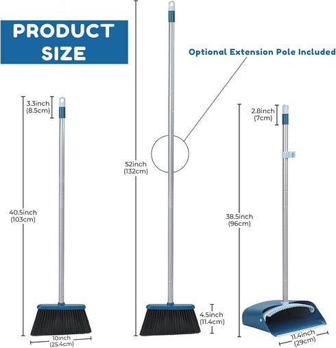 Standing Dustpan and Broom Set with 52" Long Extendable Handle for Indoor, Kitchen, Office & Lobby Cleaning