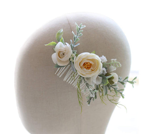 Wedding Bridal Comb Camellia Hair Comb with Ranunculus Green Leaf Floral Clip Headpiece 2002