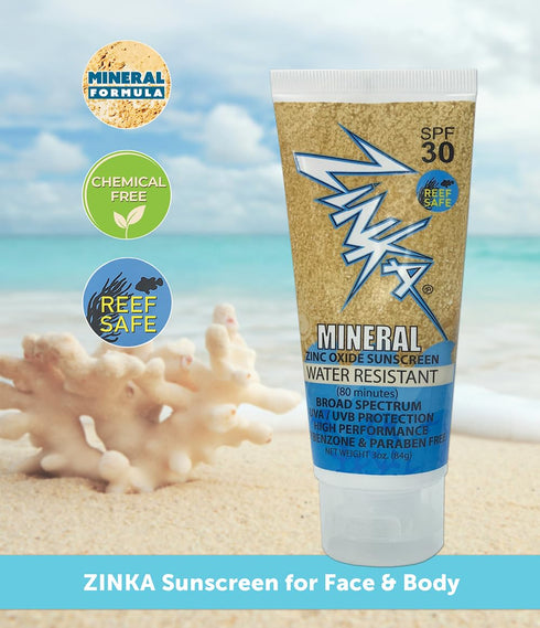 Zinka Sunscreen Reef Safe Mineral Formula, SPF 30 Zinc Oxide Lotion, 3 oz – No Chemicals – Water Resistant for Swimming, Surfing, Running, and Outdoor Recreation