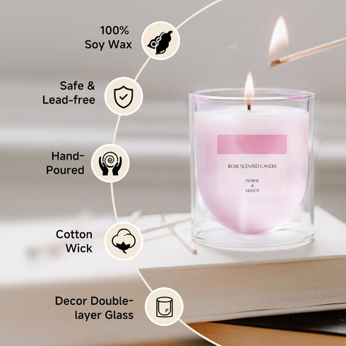 Romantic Pink Rose Scented Candles - Non-Toxic Soy Wax Gifts